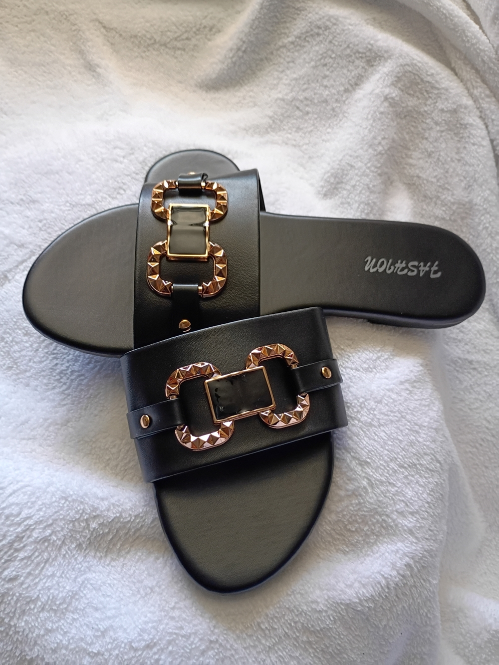 Fashion to Figure Black Slide Sandals with Gold Buckle Accents
